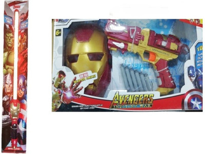 

Kids Fest Combo of Iron Man Light Saber Sword & New Avenger Infinity War Iron Man Launcher With Iron Man Mask, Soft Bullet Blaster Gun Toy with 6 Soft Darts for 6+(Red)
