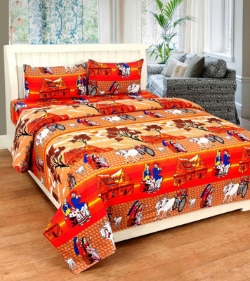 akr CREATION 200 TC Cotton Double Printed Flat Bedsheet(Pack of 1, Red)