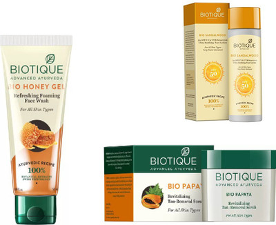 

BIOTIQUE BIO Sandalwood Ultra Soothing Face Lotion 50+ SPF UVA/UVB, Honey Gel Face Wash, Papaya Revitalizing Tan-Removal Scrub(Set of 3)