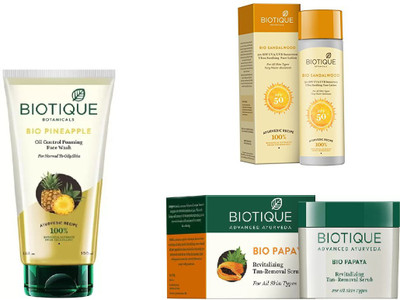 

BIOTIQUE BIO Sandalwood Ultra Soothing Face Lotion 50+ SPF UVA/UVB, Pineapple Oil Control Foaming Face Wash, Papaya Revitalizing Tan-Removal Scrub(Set of 3)