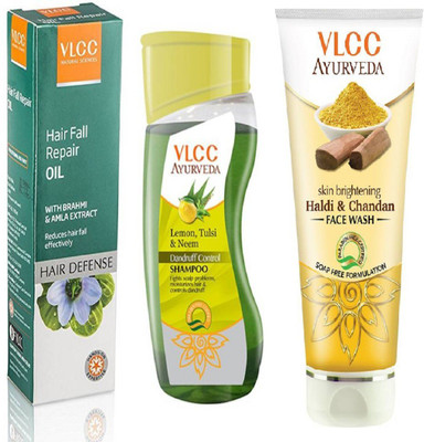 

VLCC Dandruff control shampoo 100ml + Hair fall repair oil 100ml+ Haldi & Chandan face wash 100ml(Set of 3)