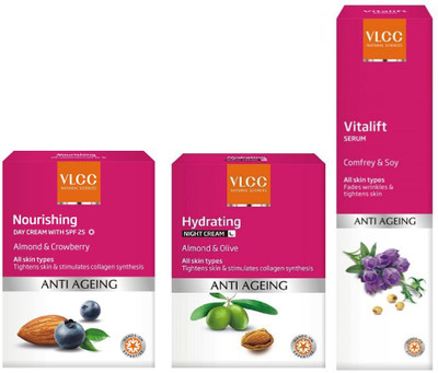 

VLCC Anti Ageing Nourishing Day Cream SPF 25 (50g) + Hydrating Night Cream (50g) + Vitalift Serum (40ml)(Set of 3)