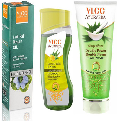 

VLCC Dandruff control shampoo 100ml + Hair fall repair oil 100ml + Double power double neem face wash 100ml(Set of 3)