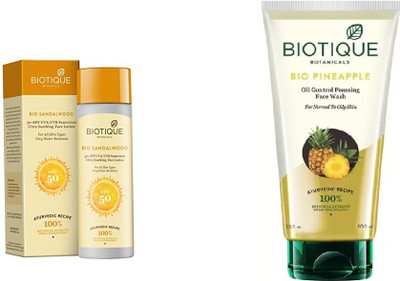 

BIOTIQUE BIO Sandalwood Ultra Soothing Face Lotion 50+ SPF UVA/UVB, Pineapple Oil Control Foaming Face Wash(Set of 2)