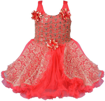 Wishkaro Girls Midi/Knee Length Casual Dress(Red, Sleeveless)