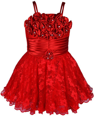 Wishkaro Girls Midi/Knee Length Party Dress(Red, Noodle strap)