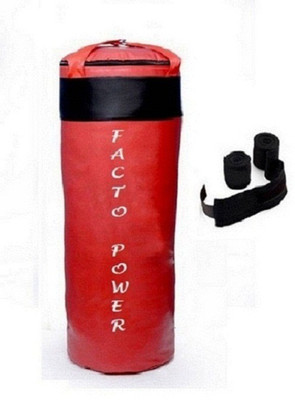 

FACTO POWER 4.0 Feet Long, PU Material, Red and Black Color, Unfilled with Hanging Straps and 9 Freet Long Black Color Hand Wraps Pair Boxing Kit