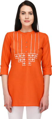 Pistaa Women Embroidered Straight Kurta(Orange)