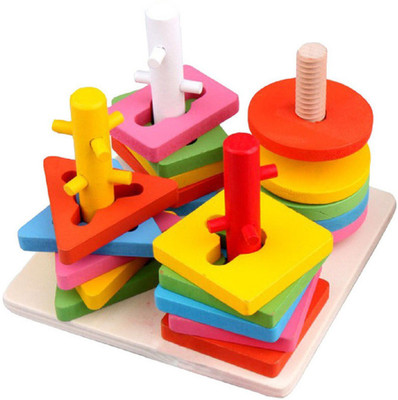 

Montez Block Wise Disk Four Column Set Wooden Puzzle Montessori Geometry Match Intelligence Game Building Blocks Wooden Educational Toy(Multicolor)