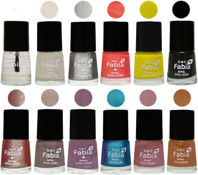 

Fabia Exclusive Nail Polish (Set of 12 Pcs) Light Nude-White-Denim-Light Beige-Peach-Golden -Top Coat-Light Cream-Light Violet-Light Pink-Yellow-Silver(Pack of 12)