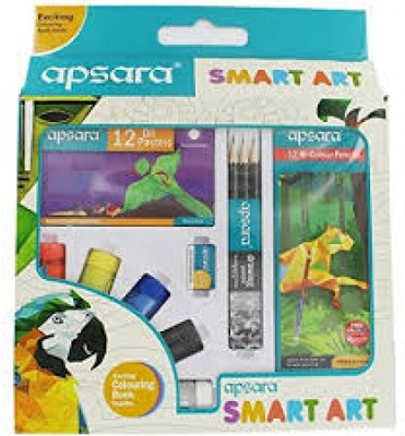 

Apsara 12 Bi Colour Pencils, 12 Oil Pastels, 5 Poster Colours, 3 Drawing Pencils, 1 Long Point Sharpener, 1 Non Dust Jumbo Eraser and 1 Colouring Book. Stationery Set