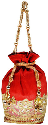 

Bagaholics Ethnic embroidered Silk Potli Batwa Pouch Bag with Metal Beadwork Gift For Women Potli(Red)