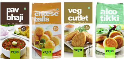 

Vegit Instant Snack Mix Combo - Pav Bhaji 100g + Cheese Ball 120g + Veg Cutlet 160g + Aloo Tikki 140g 520 g(Pack of 4)