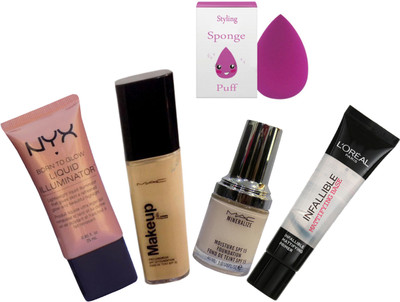 

styling Sponge Puff, Nyx Liquid Illuminator, Make up Pro Longwear & Mineralize Foundation, L'Oreal Primer(Set of 5)
