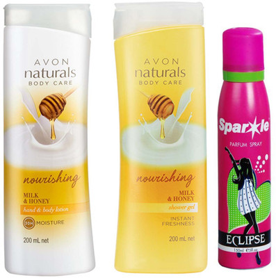 

Avon Anew Milk & Honey Shower Gel (200 ml) & one Naturals Milk & Honey Hand & Body Lotion (200 ml) With one sparkle perfume spray 150 ml(Set of 3)