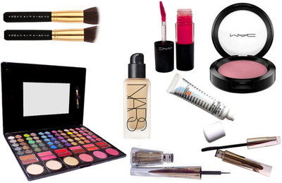 

Studio Fix Combo Makeup Brush set 2& Mac Professional Make up 78 Colors Palette Makeup Kit,Brooke Candy Eyeliner,Mascara,Pink Lipgloss,pink Blusher,Lightful C Tinted Cream Foundation,Nars foundation(Set of 9)