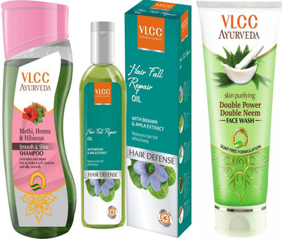 

VLCC Smooth & Shine Shampoo 100ml + Hair fall repair oil 100ml + Double power double neem face wash 100ml(Set of 3)
