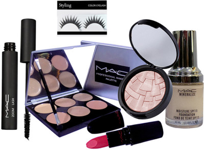 

styling Eyelashes, Anastasia Illuminator Compact, 6 Shade Concealer Palette, Mineralize SPF 15 Foundation, Zoom Lash Mascara, Pink Lipstick Of Mac(Set of 6)