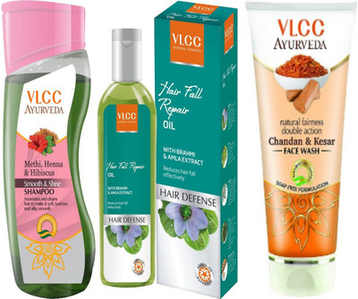

VLCC Smooth & Shine Shampoo 100ml + Hair fall repair oil 100ml + Chandan & Kesar face wash 100ml(Set of 3)
