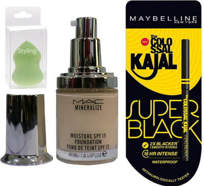 

styling Sponge puff & Mac mineralize moisture Spf 15 foundation , Maybelline colossal kajal(Set of 3)
