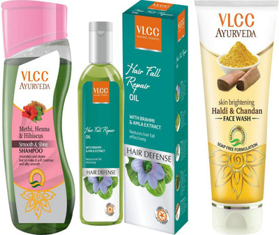 

VLCC Smooth & Shine Shampoo 100ml + Hair fall repair oil 100ml + Haldi & Chandan face wash 100ml(Set of 3)