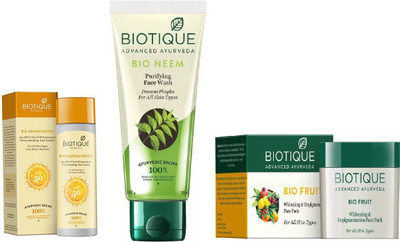 

BIOTIQUE BIO Sandalwood Ultra Soothing Face Lotion 50+ SPF UVA/UVB, Fruit Whitening & Depigmentation Face Pack, Neem Purifying Face Wash(Set of 3)
