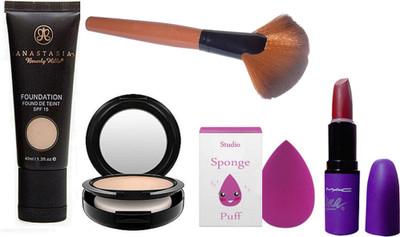 

studio Sponge Puff and Makeup Brush, Anastasia Beverly Hills Fond De Teint SPF 15 Foundation With Selena Matte Finish Long Lasting Lipstick & S.Fix Compact(Set of 5)