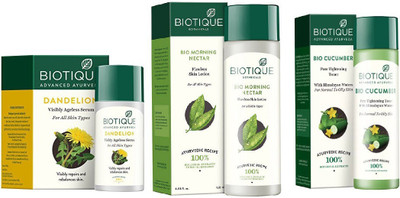 

BIOTIQUE BIO Dandelion Ageless Lightening Serum, Cucumber Pore Tightening Toner, Morning Nectar Flawless Skin Moisturizer(Set of 3)