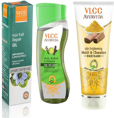 

VLCC Hair fall control shampoo 100ml + Hair fall repair oil 100ml + Haldi & Chandan face wash 100ml(Set of 3)