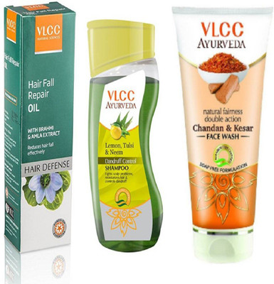 

VLCC Dandruff control shampoo 100ml + Hair fall repair oil 100ml + Chandan & Kesar face wash 100ml(Set of 3)