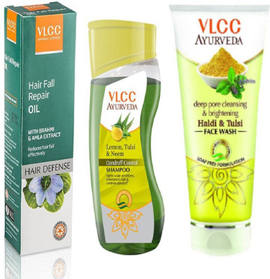 

VLCC Dandruff control shampoo 100ml + Hair fall repair oil 100ml + Haldi Tulsi Face wash 100ml(Set of 3)