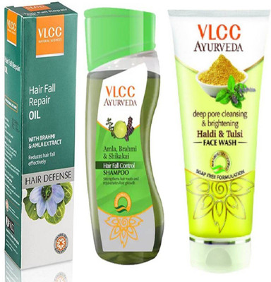 

VLCC Hair fall control shampoo 100ml + Hair fall repair oil 100ml + Haldi Tulsi Face wash 100ml(Set of 3)