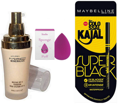 

studio Of Sponge Puff, Mac BB Hyper Real Liquid Foundation & Colossal Kajal Super Black(Set of 3)