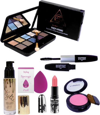 

styling Sponge puff & Mac Prep+Prime Eyeshadow Palette in 10 shades & pink shade blusher, Brooke candy lipstick, Kylie matte liquid foundation , Colorbar waterproof 2 in 1 Eyeliner & mascara(Set of 6)