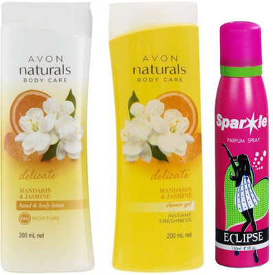 

Avon Anew Naturals mandarin & jasmine shower gel (200 ml) & one Naturals mandarin & jasmine body lotion (200 ml) With one sparkle perfume spray 150 ml(Set of 3)