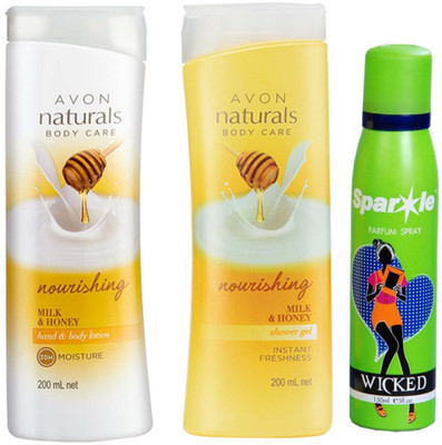 

Avon Anew Milk & Honey Shower Gel (200 ml) & one Naturals Milk & Honey Hand & Body Lotion (200 ml) With one sparkle perfume spray 150 ml(Set of 3)