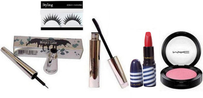 

styling Eyelashes, Mac Brooke Candy Eyeliner& Mascara, Sheertone Pink Shade Blusher, Matte Finish Lipstick(Set of 5)