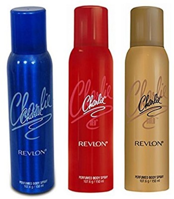 Revlon Charlie's Deo Combo-Red, Blue and Gold Gift Set... Deodorant Spray  -  For Women(450 ml, Pack of 3)