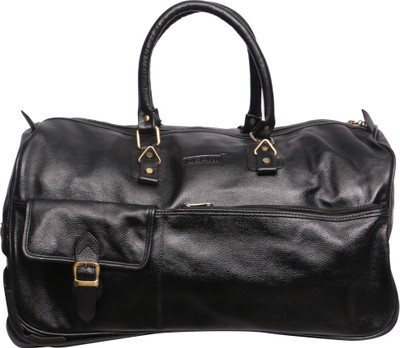 

OBANI (Expandable) Genuine Leather Duffel Trolley Bag Duffel Strolley Bag(Black)