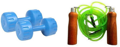 

FACTO POWER BLUE COLOR 1KG VINYL PLASTIC DUMBELL AND GREEN COLOR WOODEN HANDLE SKIPPING ROPE Gym & Fitness Kit