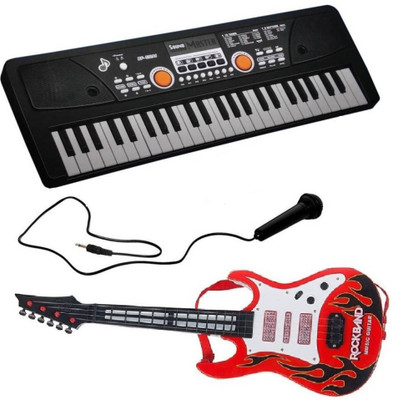 

Bluekart Online Combo Of 49 Key Piano Keyboard Toy for kids DC POWER OPTION + RECORDING + MICROPHONE + ADAPTER With Musical Guitar With Light And Sound For Kids(Black)