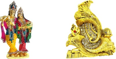 FABZONE Combo of 2 Lord Radha Krishna & Ganesha Car Dashboard Idol God Makhan Chor / Ganpati Handicraft Statue Spiritual Puja Fegurine - Religious Murti Pooja Gift Item / Home Decor Decorative Showpiece  -  8 cm(Brass, Multicolor)