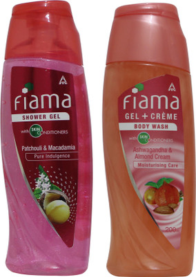 FIAMA Patchouli Macadamia (250 ml) & Ashwagandha Almond Cream (200ml) Shower Gel(450 ml, Pack of 2)