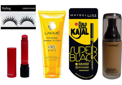

styling Eyelashes & Mac Matchmaster foundation spf15 40ml & Liptensity lipstick Claret cast, sun expert Spf30 UV Lotion,Colosal kajal(Set of 5)