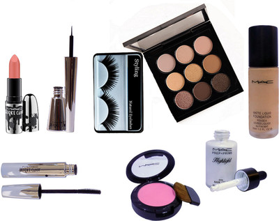 

styling Eyelashes & mac Eye shadow X 9 palette, Mac matte liquid foundation,Mac pink shade blusher, Mac Prep+Prime skin base visage Highlighter, Brooke candy eyeliner ,mascara & lipstick(Set of 8)