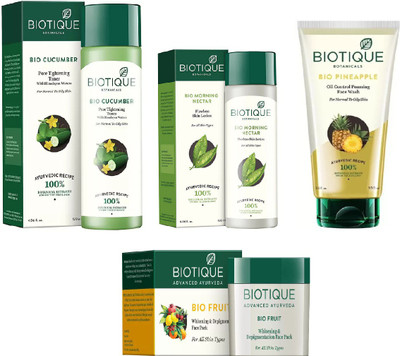 

BIOTIQUE BIO Bio Cucumber Pore Tightening Toner, Bio Morning Nectar Flawless Skin Lotion, Bio Pineapple Oil Control Foaming Face Wash, Bio Fruit Face Pack(Set of 4)