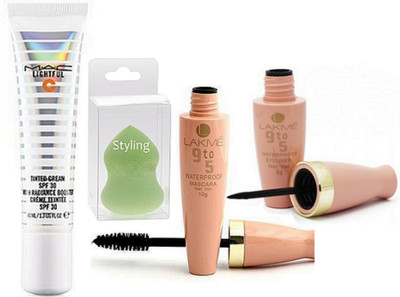 

styling Sponge puff & Mac Lightful C Tinted Cream Spf 30 Foundation & Lakme 9 To 5 WaterProof Eyeliner & Mascara(Set of 4)