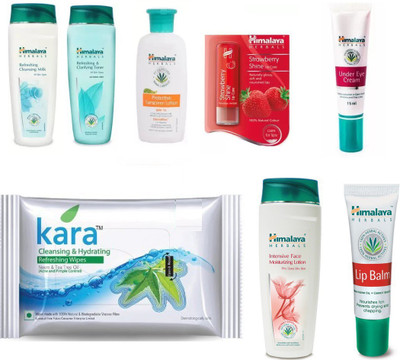 

Himalaya under eye cream, toner, refreshing cleansing milk, sunscreen lotion, strawberry lip balm, kara skin care wipes, intensive face moisturzing lotion, lip balm(Set of 8)