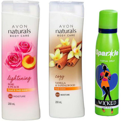 

Avon Anew Naturals Body Care Rose & Peach hand & body lotion (200 ml) & one vanilla sandalwood lotion 200 ml With one sparkle perfume spray 150 ml(Set of 3)