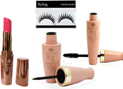 

styling Eyelashes & 9 To 5 Matte Finish Lipstick & Waterproof Liquid Eyeliner & Mascara(Set of 4)